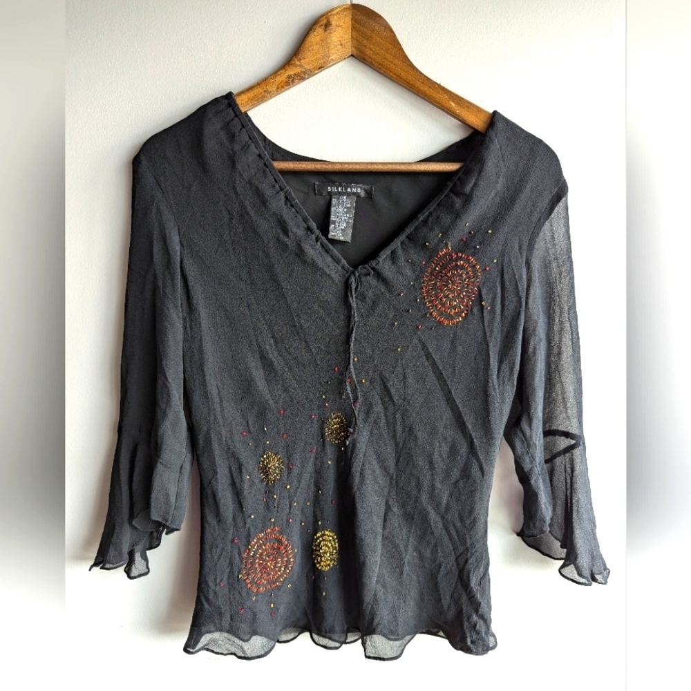 Silkland Womens Blouse Black Silk Beaded Sz L Bell  Sleeve Y2K Boho Hippie fairy